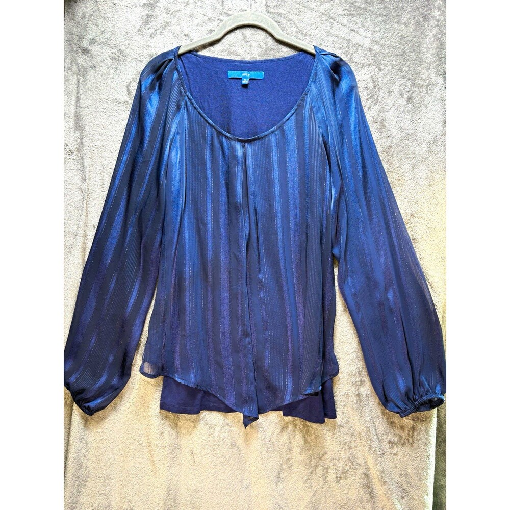 APT 9 Metallic Striped Sheer Layered Long Sleeve Blouse Navy Blue XL